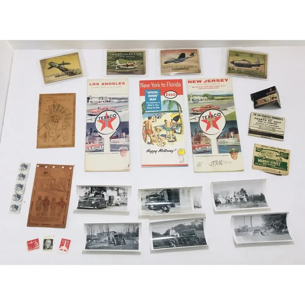 JUNK DRAWER LOT MAPS OLD PHOTOS STAMPS LEATHER POSTCARDS AIRPLANE CARDS ETC
